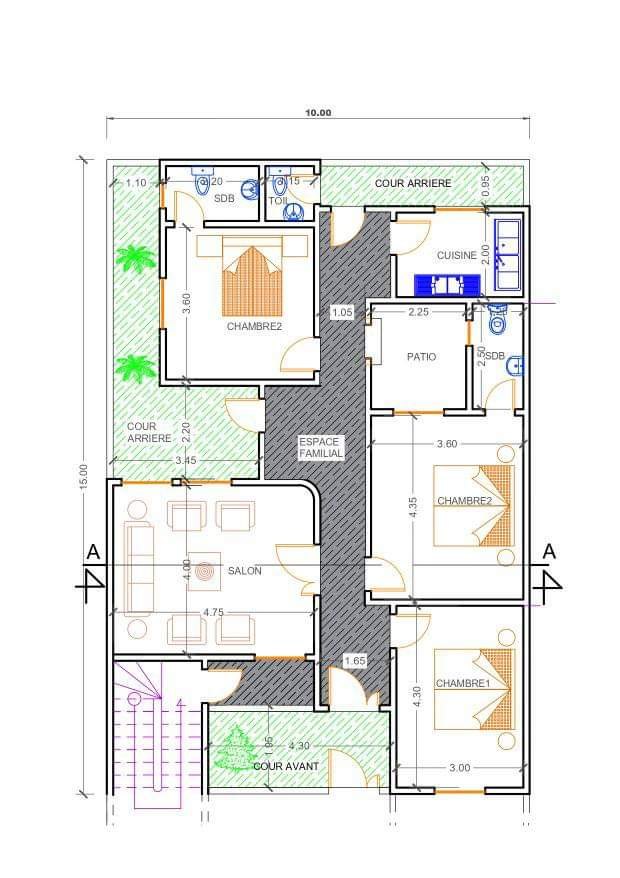 Plan de masse coté 10,00 × 15,00 m dessiné par Rio Construction BTP